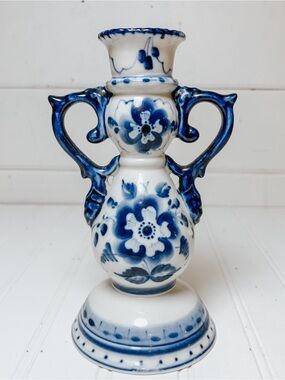 Vintage Russian Gzhel Hand Painted Floral Ceramic Candlestick Holder | Blue